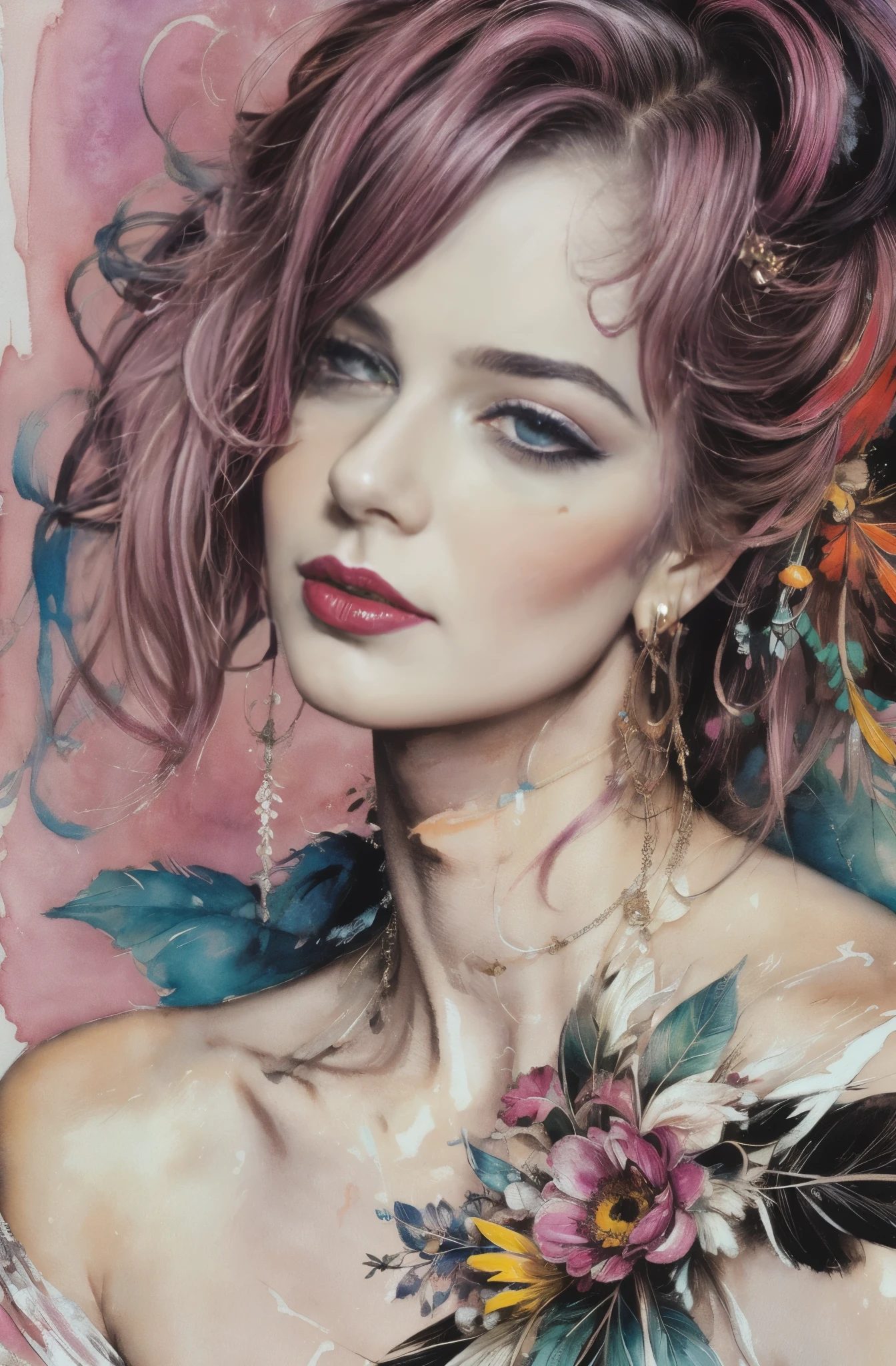 Peinture d&#39;une femme au visage magenta et blanc, Assez beau visage, une beauté inégalée, berceuse au pays des oiseaux, Aquarelles de Sylvia Pelissero, verre, art figuratif, aquarelle intense, aquarelle art détaillé, Éclaboussure d&#39;aquarelle, surréaliste, Avant-garde pop art, Des peintures belles et expressives, Belle illustration d’œuvre d’art, des tons très colorés, merveilleux, beauté cool, la plus haute qualité,art officiel, Femmes Seulement, contour net, meilleur tir, Art vectoriel, Écrit par Sandra Chevrier, Dave McKean、par Richard Avedon、Écrit par Makiezi Kusiala, Femme Solo