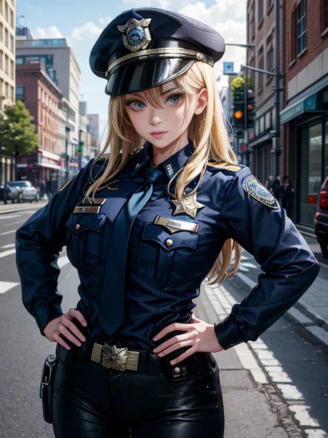 Masterpiece, best quality, detailed face, MILF, blonde hair, Police uniform, police trousers, standing, hands on hips, police ca...