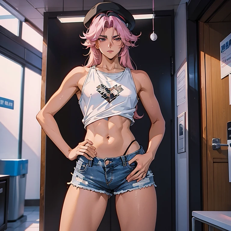 A beautiful man, pink hair, long hair, tall, Face in love, beautiful anime face, super high quality, masterpiece, 20 year old man, black police hat, white tank top, navel visible, sexy pose, nice body, ripped denim shorts, crotch emphasis, crotch touching, only one person in the room,  hentai anime,  see-through clothes,  tempting gestures, femboy