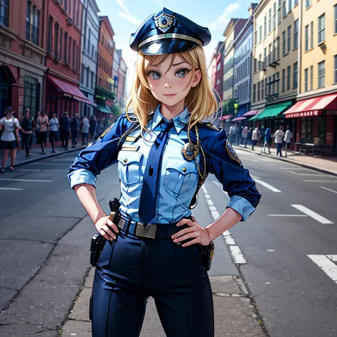 Masterpiece, best quality, detailed face, MILF, blonde hair, Police uniform, police trousers, standing, hands on hips, police ca...