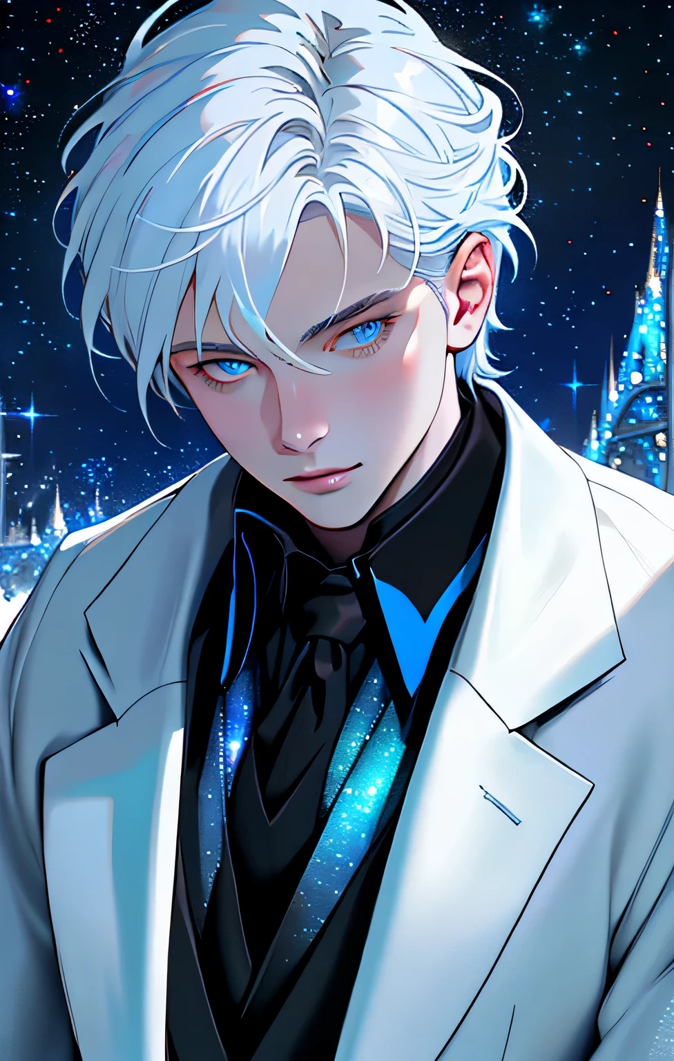 Close up face, European face, white man, shoulder-length white hair, tuquoise blue eyes, black pants and blue dress shirt. starry sky (masterpiece, best quality: 1.4), (absurdities, highres, ultra detailed: 1.2), (1 handsome man: 1.4), (using dark magic: 1.4), red magic, playful illustrations, imaginative overlays, artistic fusion, fantastic scenes, evocative narratives, stunning visuals
