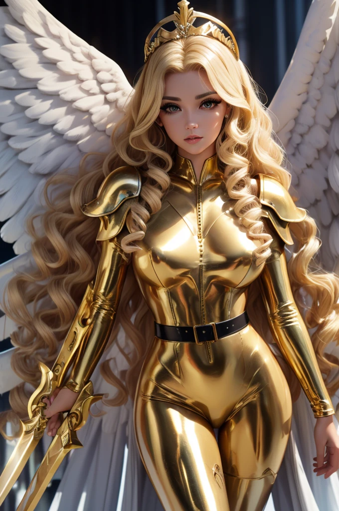 Best quality, 8K,woman vintage super hero, beautiful and detailed face, blonde curly long hair,golden tiara, big eyelashes,holding a gold sword,big angel wings,LOOKING TO observer,silver metalic armour over bodystocking, SHINY GLOSSY PANTYHOSE,black belt,over the knee boots,white neutral scenario