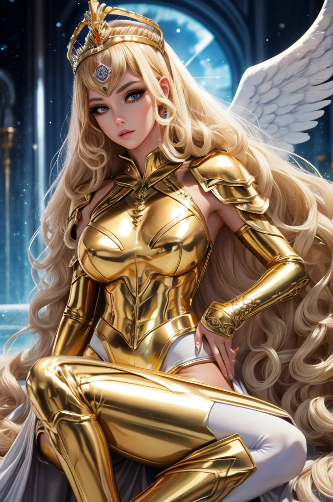 Best quality, 8K,woman vintage super hero, beautiful and detailed face, blonde curly long hair,golden tiara, big eyelashes,holding a gold sword,big angel wings,LOOKING TO observer,silver metalic armour over bodystocking, SHINY GLOSSY PANTYHOSE,black belt,over the knee boots,white neutral scenario