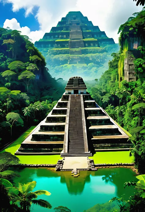 there is a large lake in front of a mountain with a building on top, mayan temple in the jungle, pyramid surrounded with greener...