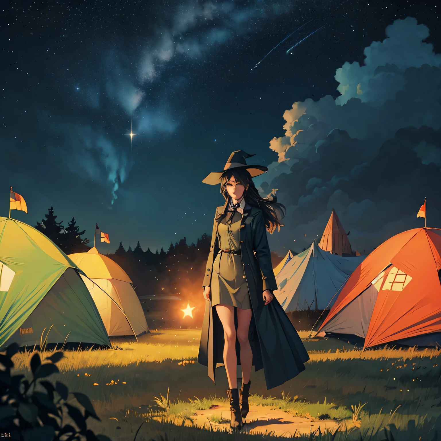 Snufkin,adult woman,long hair,black hair,curl,witch,night,under the starry sky,masterpiece,High resolution,beautiful face,lipstick,Traveling,full body,Soldiers returning from the battlefield,arms,gun,smoke of gunpowder,tent,extreme details,perfection,Like a work of art,

