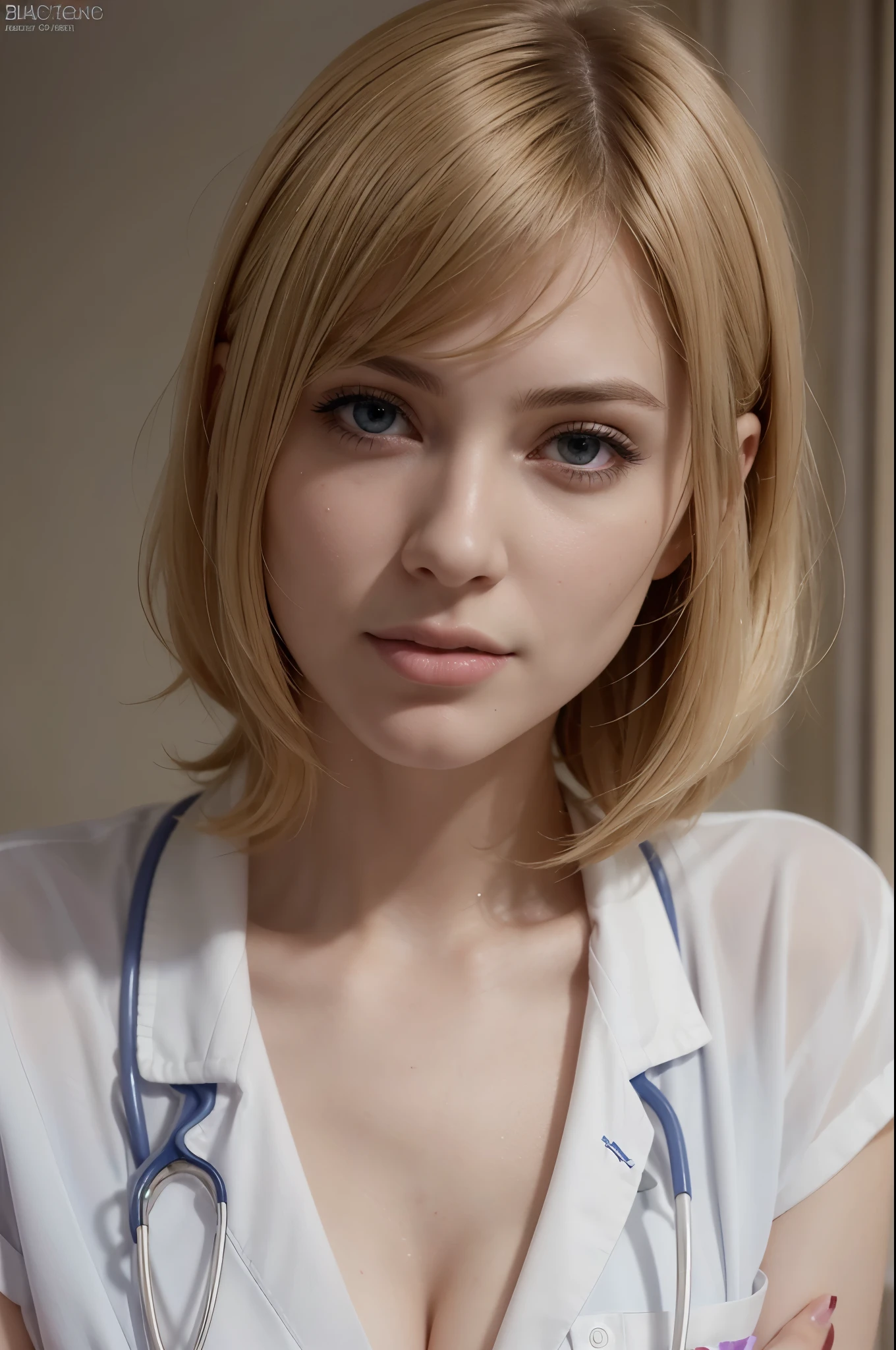 masterpiece, best quality, extremely detailed, hyperrealistic, photorealistic, a beautiful 20s french model, doctor, hospital:1.1, doctor uniform:1.1, ultra detailed face, with bangs, blonde hair, pale skin, busty breasts, tongue out

