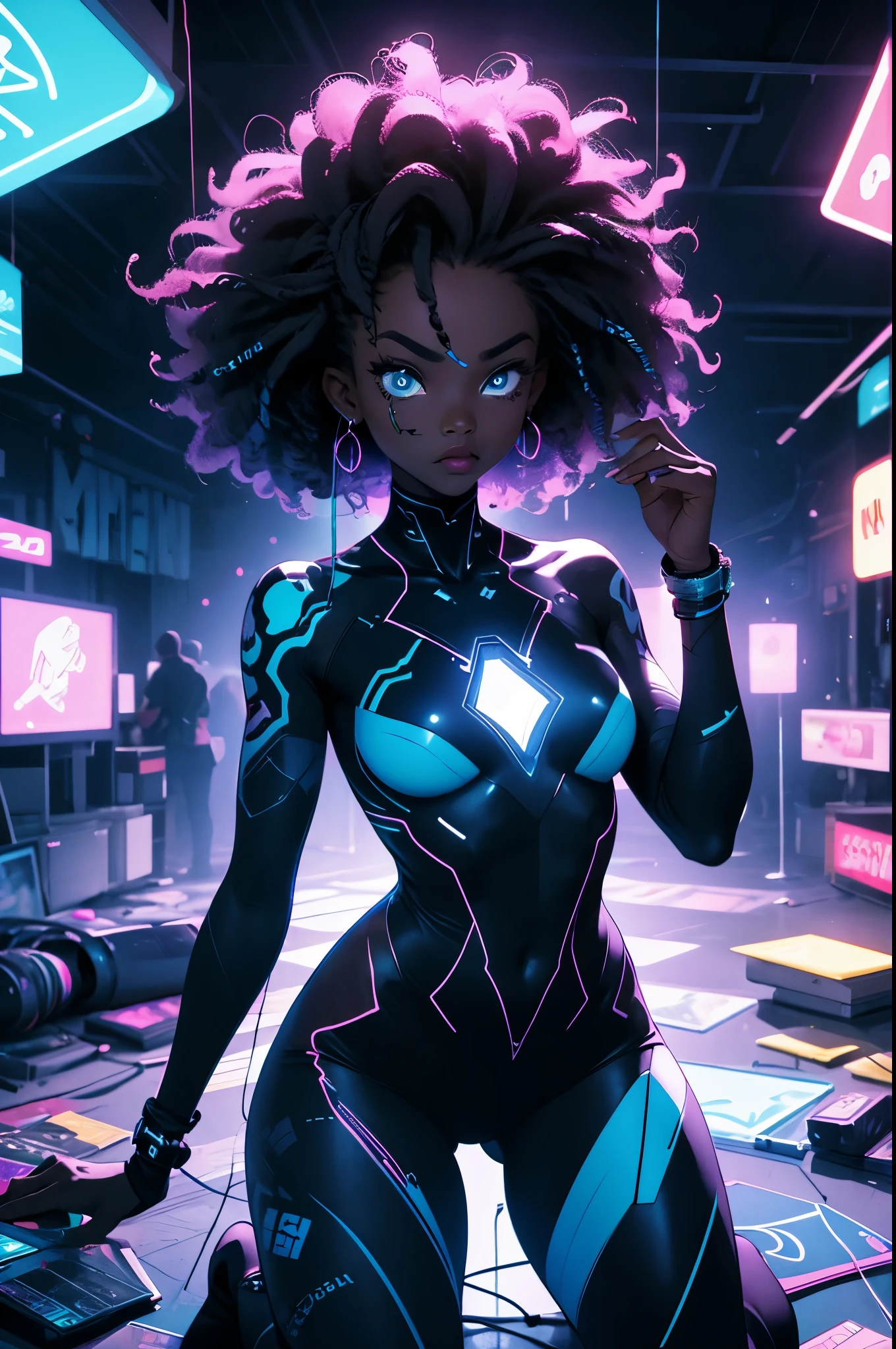 We see her from Bird's-eye view shot of black woman  dressed in blue body suit kneeling while looking up at the viewer, her body covered in neon white African tattoo designs, African tattoo designs glowing in the dark, she has blue eyes and  curly hair, surrounded by neon lit African pots and sculptures in semi curve shape, dark room lit by the neon lights providing a blue and white colour grading 
