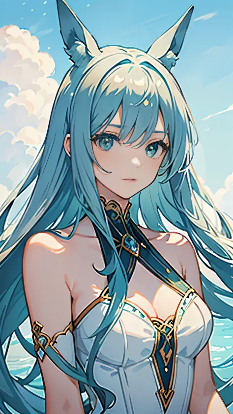 ((masterpiece, best quality)) illustration of a delicate and beautiful girl with long blue hair and green eyes, resembling a God...