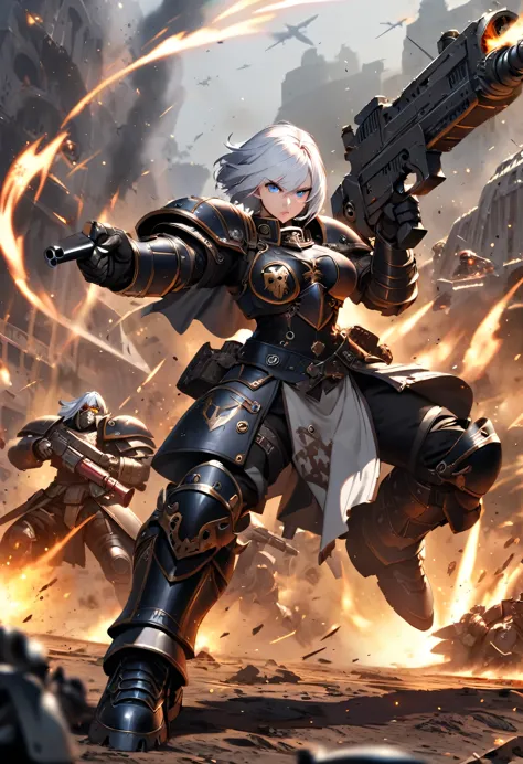 Female Paladin, Armor, Warhammer 40k, Spaceship, White Hair, Short Hair, Blue Eyes, Battle, Full Body, Black Armor, Gun, Science...