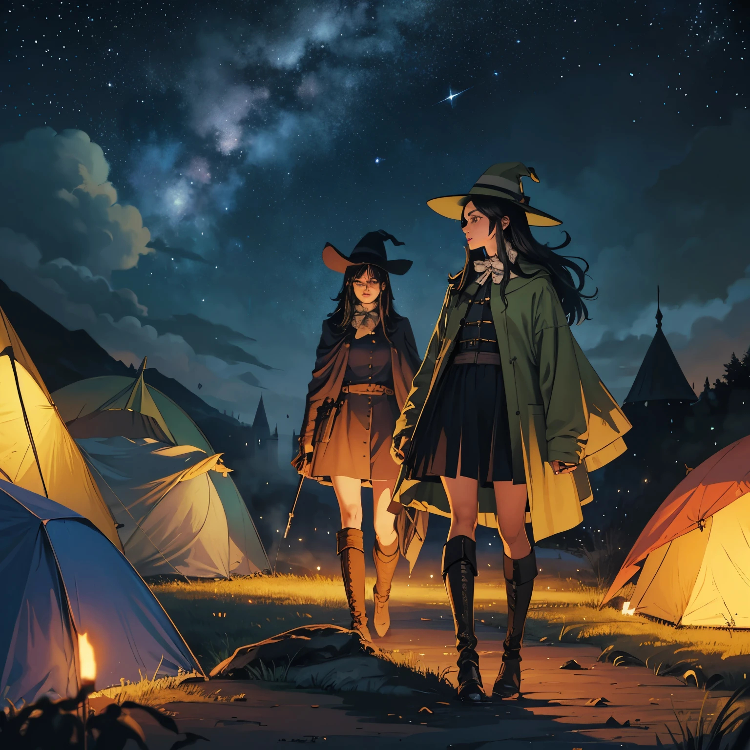 Snufkin,adult woman,long hair,black hair,curl,witch,night,under the starry sky,masterpiece,High resolution,beautiful face,lipstick,Traveling,full body,Soldiers returning from the battlefield,arms,gun,smoke of gunpowder,tent,extreme details,perfection,Like a work of art,

