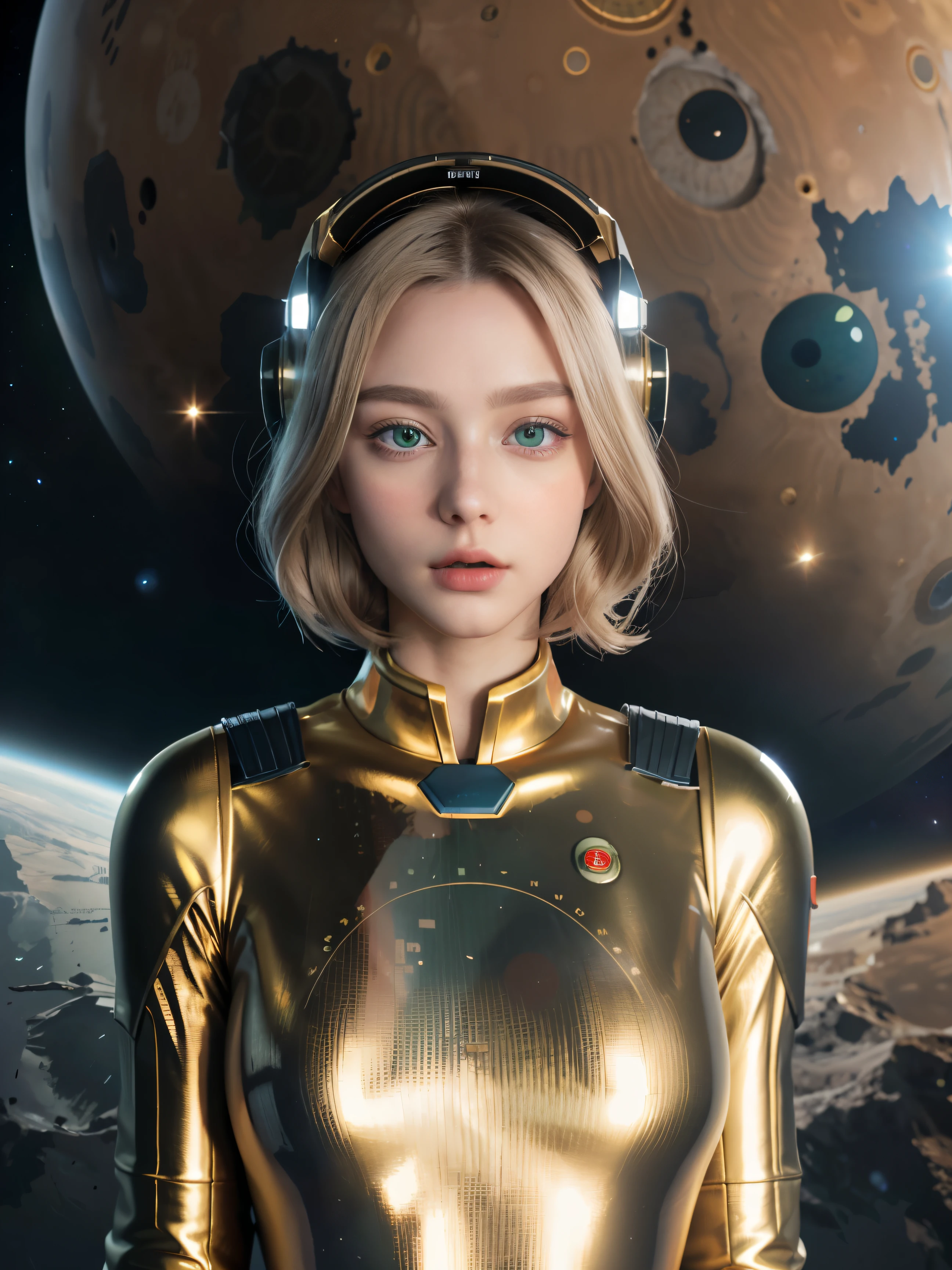 (8k), (highest quality), (best details)Uninhabited Mars Earth、A giant, creepy eyeball floats in the night sky、blonde、Green Eyes、tattoo、full body portrait。Very beautiful French woman、,Wearing a spacesuit helmet、A gold space suit like C3PO、Meteors、slim body