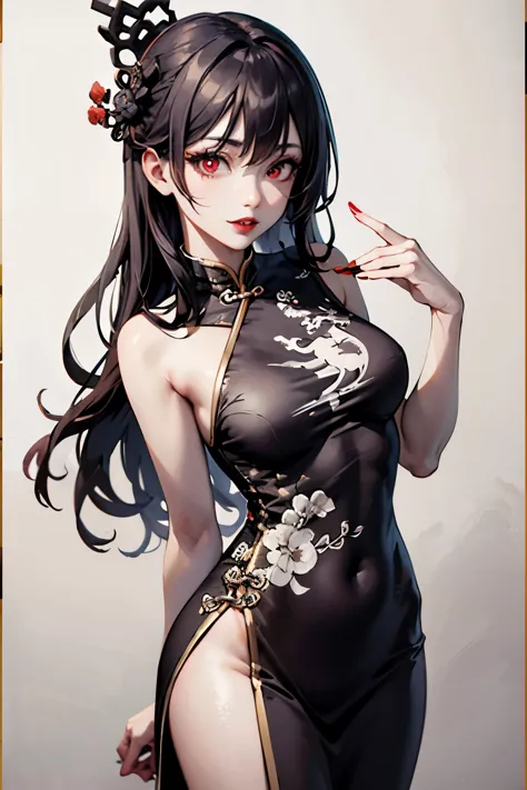 Wearing a Chinese dress with red dragon pattern, mid-chest, waist, detailed eyes, detailed red lipstick, detailed face, red eyes...