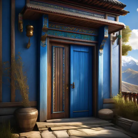 doorway to a house with a blue wooden door, tibetan hillside, highly detailed scene, balcony door, realistic afternoon lighting,...