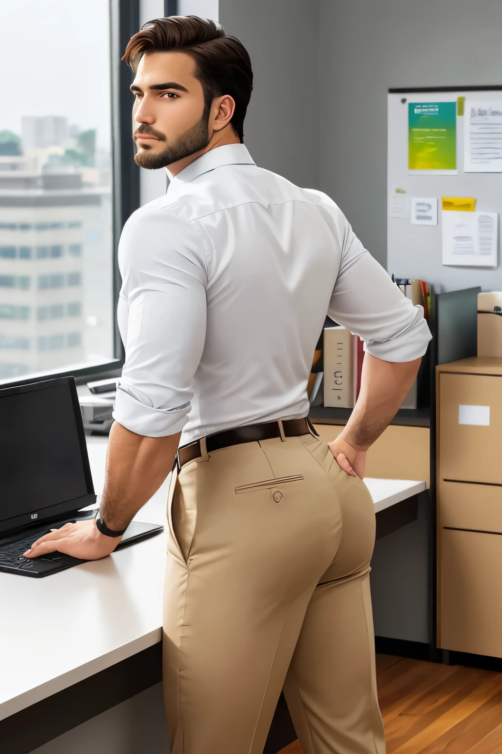 Arafed man in a white shirt and khaki pants standing in front of a laptop -  SeaArt AI