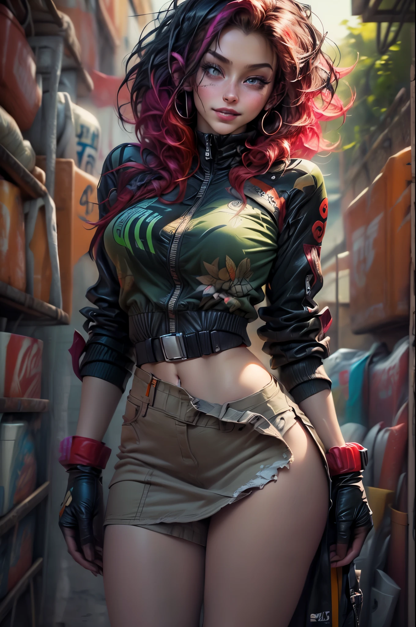 ((long shot:1.6)), Unreal Engine:1.4, Ultra Realistic CG K, Photorealistic:1.4, Skin Texture:1.4, ((artwork 1 young woman full body:1.5)), ((red hair green eyes, full lips and a sensual smile:1.5)), punk-style hairstyle with a shaved side, tattoos, Gatling gun, box, looking at the viewer, dynamic pose, blows, ammunition belt, gloves, large breasts not disproportionate, Shooting , Extremely detailed:1.4, more detailed, optical mix, playful patterns, lively texture, unique visual effect, pink leather mini skirt, pink jacket, masterpiece, ((colors, cyan, green, pink, brown: 1.2)), ( (8k realistic digital art.)), 32k