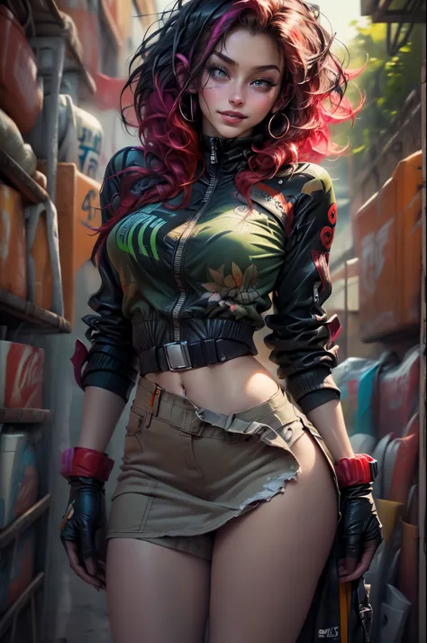 ((long shot:1.6)), Unreal Engine:1.4, Ultra Realistic CG K, Photorealistic:1.4, Skin Texture:1.4, ((artwork 1 young woman full body:1.5)), ((red hair green eyes, full lips and a sensual smile:1.5)), punk-style hairstyle with a shaved side, tattoos, Gatling...