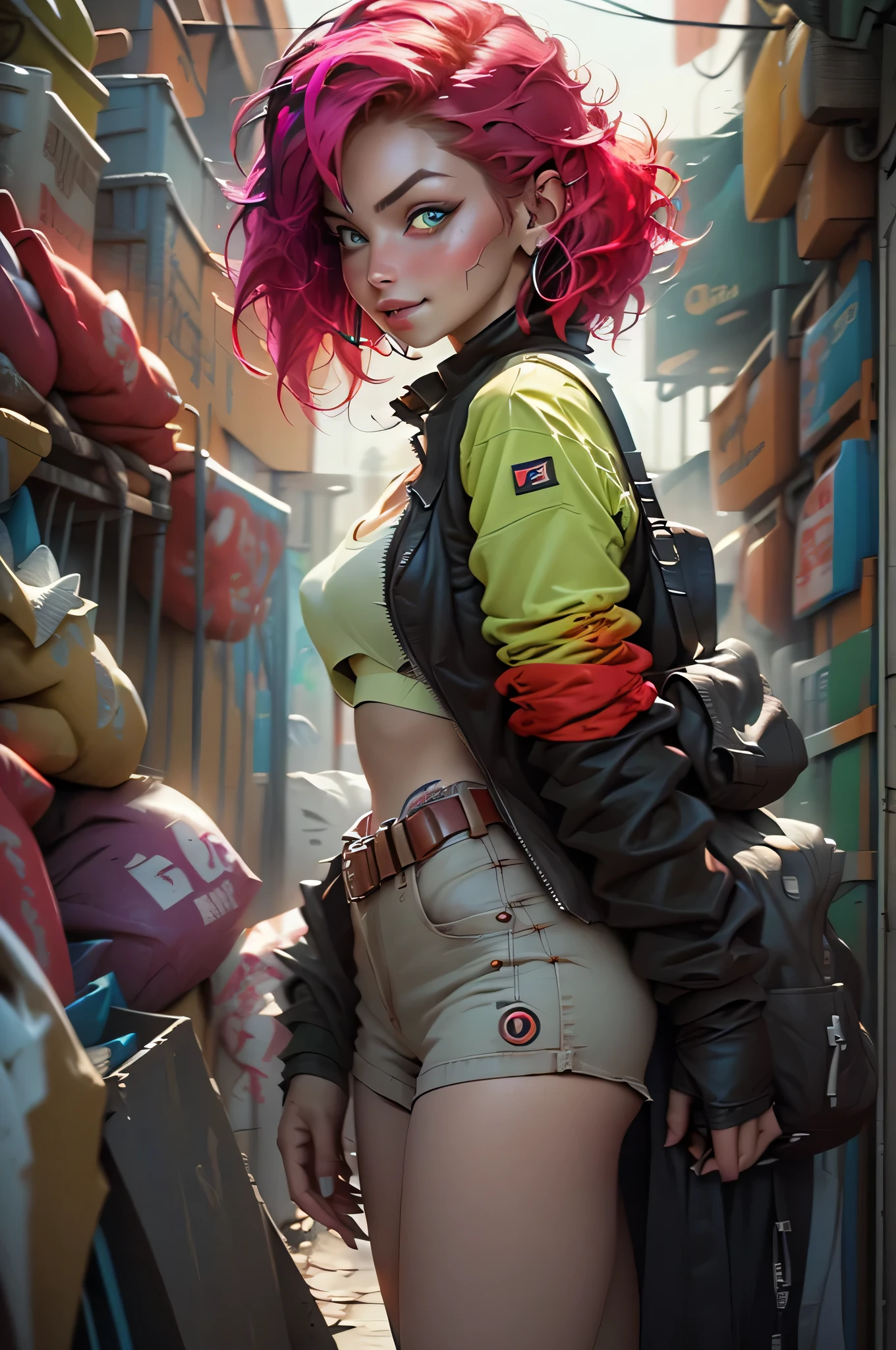 ((long shot:1.6)), Unreal Engine:1.4, Ultra Realistic CG K, Photorealistic:1.4, Skin Texture:1.4, ((artwork 1 young woman full body:1.5)), ((red hair green eyes, full lips and a sensual smile:1.5)), punk-style hairstyle with a shaved side, tattoos, Gatling gun, box, looking at the viewer, dynamic pose, blows, ammunition belt, gloves, large breasts not disproportionate, Shooting , Extremely detailed:1.4, more detailed, optical mix, playful patterns, lively texture, unique visual effect, pink leather mini skirt, pink jacket, masterpiece, ((colors, cyan, green, pink, brown: 1.2)), ( (8k realistic digital art.)), 32k