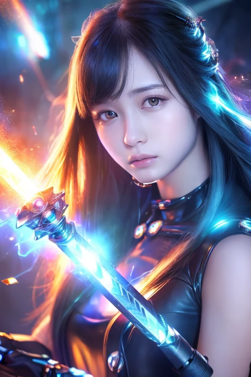 ((highest quality、best image quality、超A high resolution))、(Photoreal), (realistic), (ultra high resolution), table top, highest quality, Raw photo, 超realistic, girl&#39;face, the air looks clear, blend with the aurora.(((He has a legendary sword that emits blue lightning..........)))、blue energy effect、(((Broken Mirror))), latex breast curtains, , 