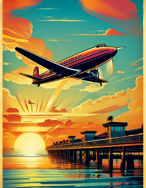 there is a plane that is flying over the water at sunset, travel poster, stylized digital illustration, plane illustration, by t...