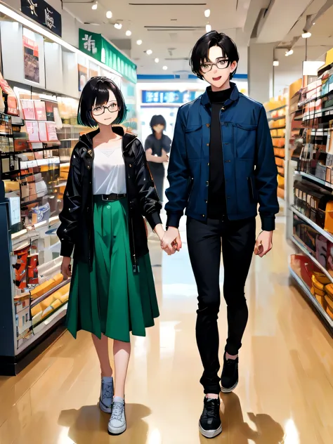 happy couple、(bob black hair short hair cute woman 20 years old cute green eyes glasses)and(black short hair young tall man 25 y...