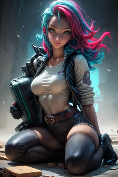 ((long shot:1.6)), Unreal Engine:1.4, Ultra Realistic CG K, Photorealistic:1.4, Skin Texture:1.4, ((artwork 1 young woman full body:1.5)), ((red hair green eyes, full lips and a sensual smile:1.5)), punk-style hairstyle with a shaved side, tattoos, Gatling gun, box, looking at the viewer, dynamic pose, blows, ammunition belt, gloves, large breasts, Shootout, Extremely detailed:1.4, more detailed, optical mix, playful patterns, animated texture, unique visual effect, pink leather miniskirt, pink jacket, masterpiece, background an abandoned place with scrap metal, ((colors, cyan, green, pink, brown : 1.2)), ((8k realistic digital art.)), 32k