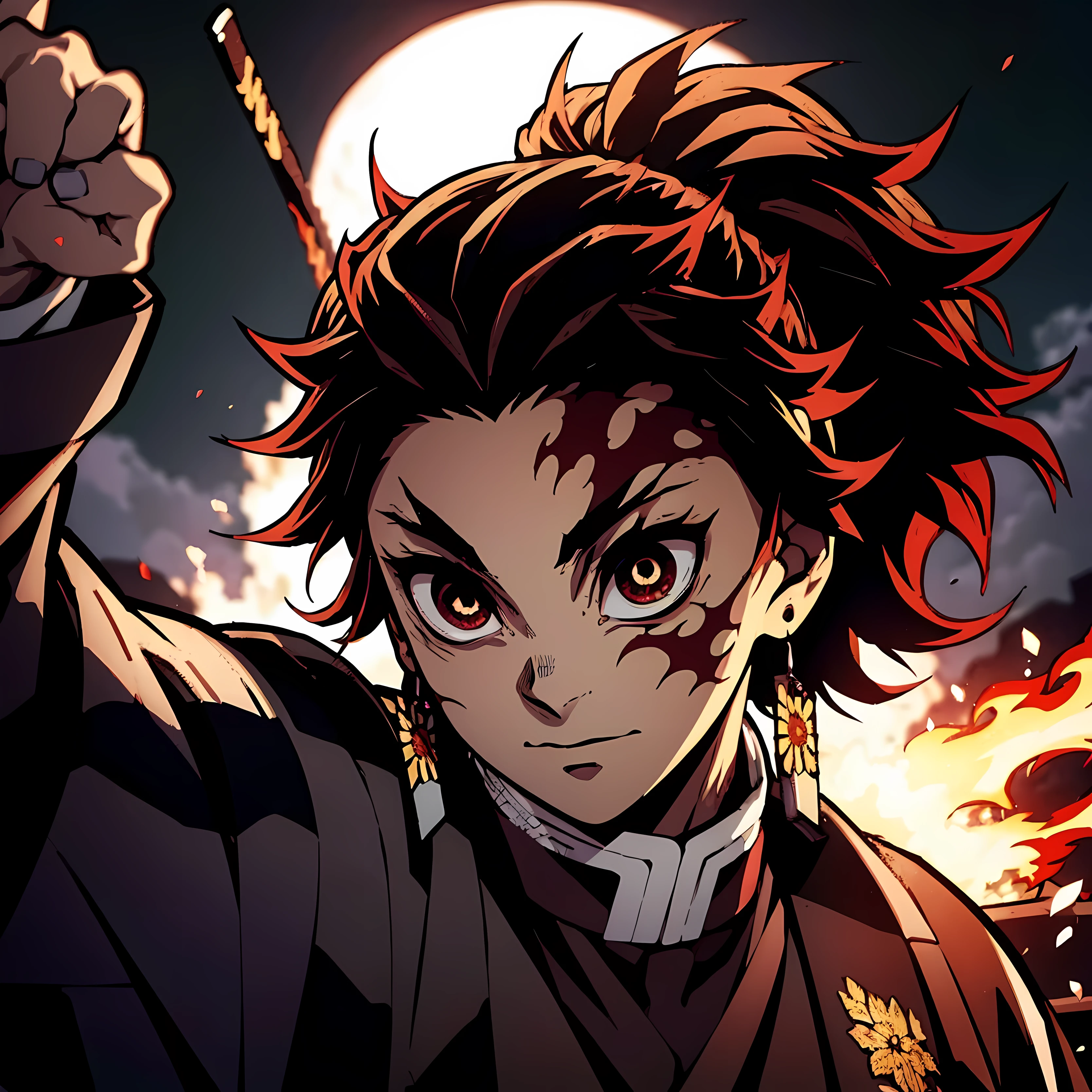 (best quality,ultra-detailed,realistic:1.37),high-resolution(4k,8k),portrait,Demon Slayer character,black hair,short hair,black eyes,huge smile,warm smile,young,charismatic,16-year-old ,distinctive Kimetsu no Yaiba style, dynamic pose, vibrant colors, detailed facial features, powerful aura, determined expression, katana, fierce eyes, intense battle scene, dramatic lighting, flowing cape, iconic demon slaying uniform, intricate patterns, fiery background