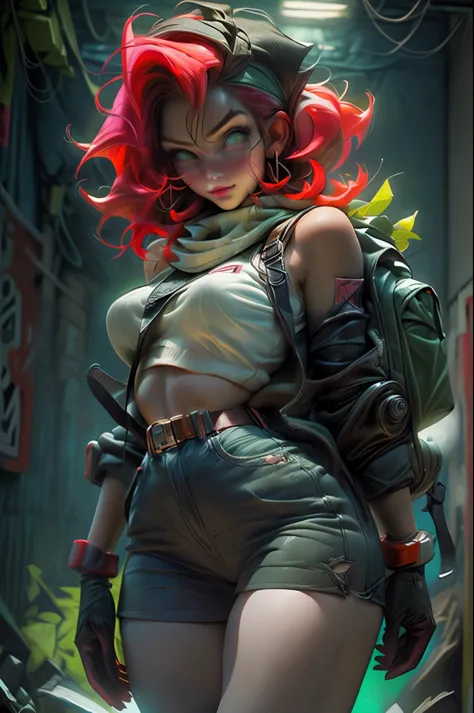 ((long shot:1.6)), Unreal Engine:1.4, Ultra Realistic CG K, Photorealistic:1.4, Skin Texture:1.4, ((artwork 1 young woman full body:1.5)), ((red hair green eyes, full lips and a sensual smile:1.5)), punk-style hairstyle with a shaved side, tattoos, Gatling gun, box, looking at the viewer, dynamic pose, blows, ammunition belt, gloves, large breasts, Shootout, Extremely detailed:1.4, more detailed, optical mix, playful patterns, animated texture, unique visual effect, pink leather miniskirt, pink jacket, masterpiece, background an abandoned place with scrap metal, ((colors, cyan, green, pink, brown : 1.2)), ((8k realistic digital art.)), 32k