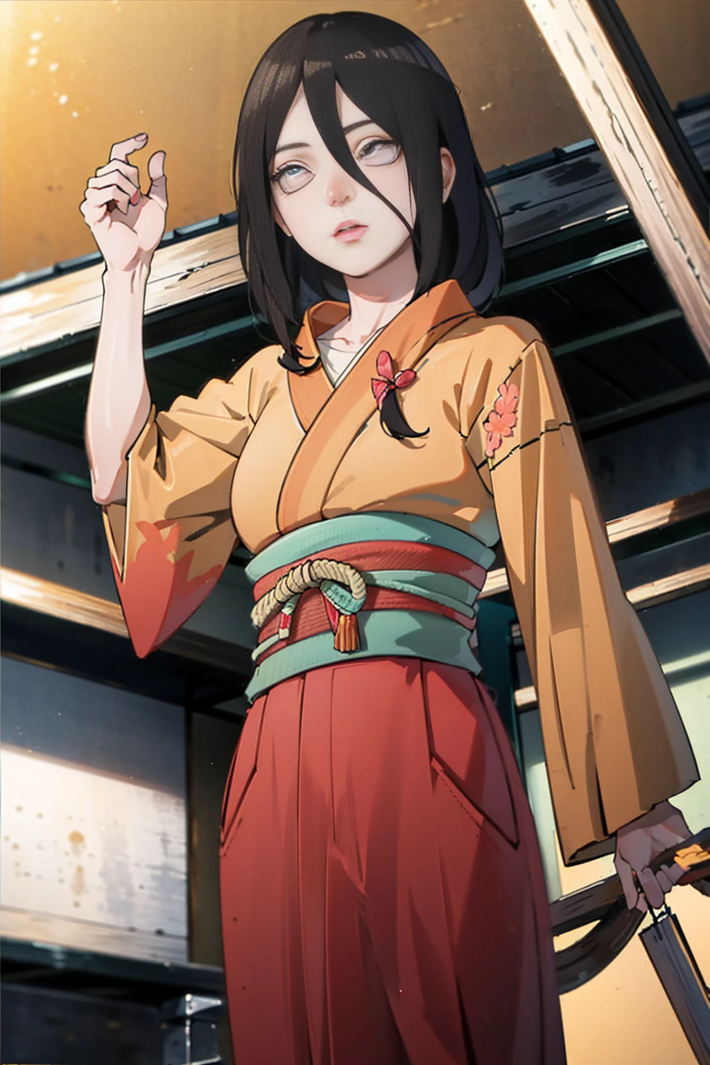 tmasterpiece， hoang lap ， （Complicated details）， （rich colourful）， movie lighting， bust， the Extremely Detailed CG Unity 8K Wallpapers ， Hinata flower ratio， 1girll， solo， orange kimono， Red hakama skirt， obi strip， Wide sleeves， looking at viewert， ventania， Combat posture， Low hair tied long，dinamic poses