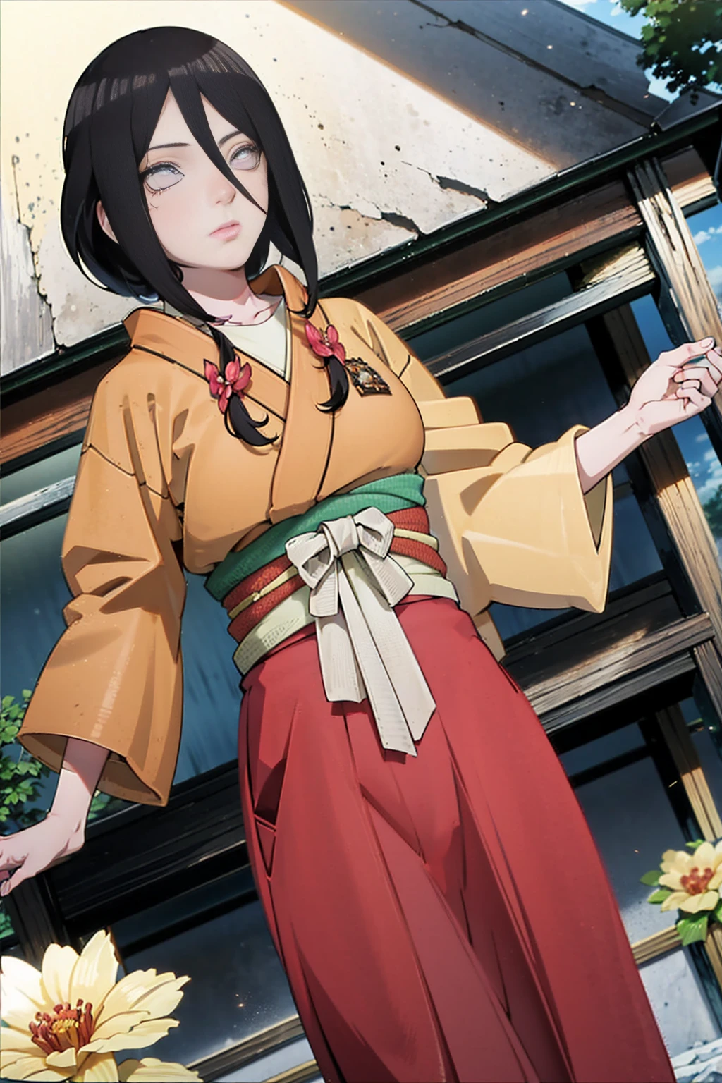 tmasterpiece， hoang lap ， （Complicated details）， （rich colourful）， movie lighting， bust， the Extremely Detailed CG Unity 8K Wallpapers ， Hinata flower ratio， 1girll， solo， orange kimono， Red hakama skirt， obi strip， Wide sleeves， looking at viewert， ventania， Combat posture， Low hair tied long，dinamic poses