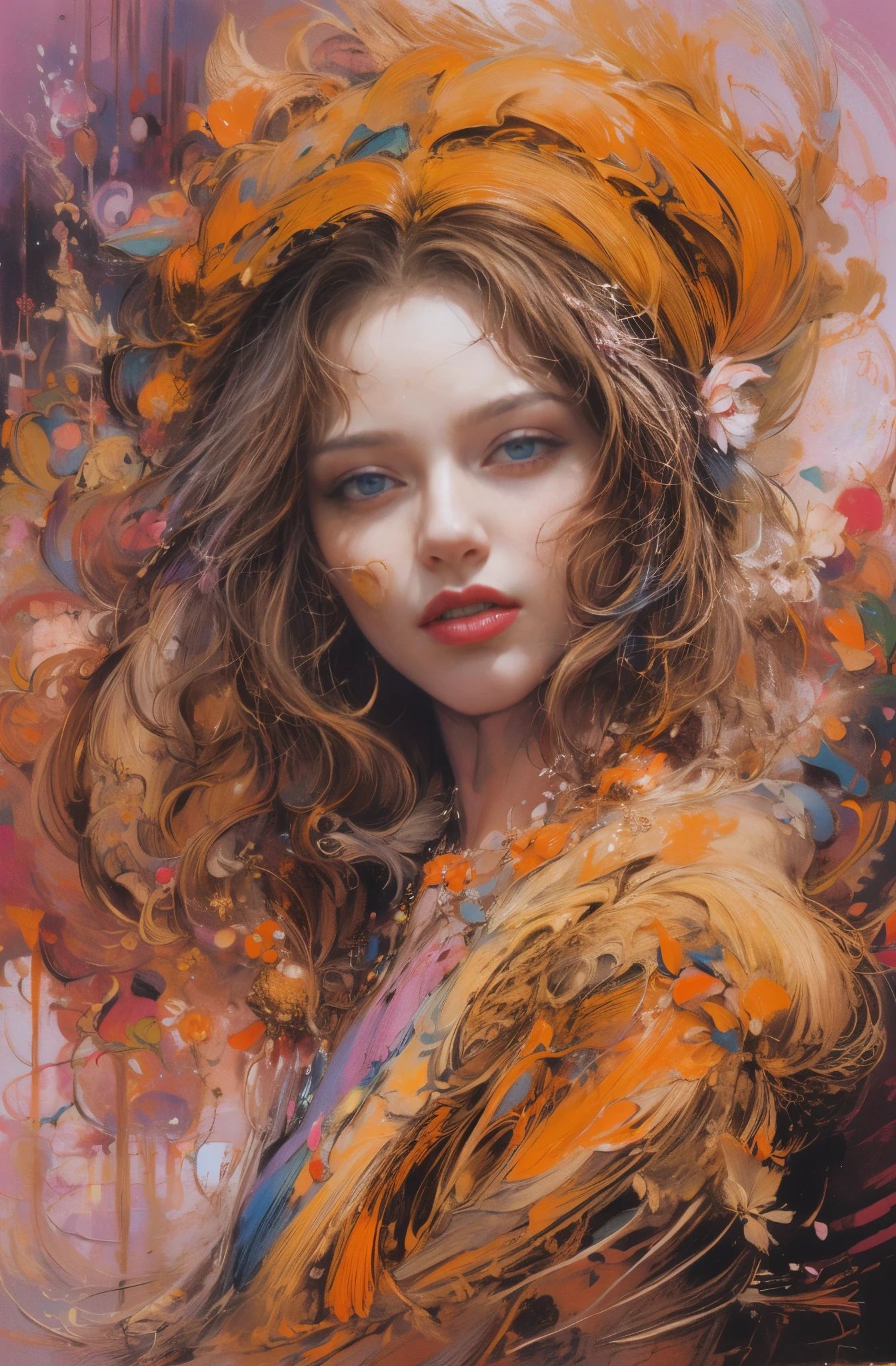 Painting of a woman in magenta and orange colors, pretty much beautiful face, Ultra-detailed paintings inspired by WLOP, Trending with ArtStation, fantasy art, intricate WLOP, art of WLOP, WLOP art, WLOP |, the style of WLOP, beautiful character drawings, WLOP painting style, WLOP | art germ, Unparalleled Beauty Tumbler, figurative art, intense watercolor, watercolor detailed art, watercolor splash, surreal, avant-garde pop art, Beautiful and expressive paintings, Beautiful artwork illustration, very colorful tones, wonderful, cool beauty, master piece, highest quality, official art, women only, sharp outline, best shot, vector art, Written by Sandra Chevrier, dave mckean、By Richard Avedon、Written by Makiezi Kusiala, luminous design