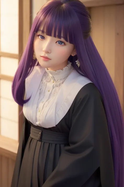 は²ä¸¸,1 girl,alone,purple hair,long hair,purple eyes,dull bangs,side lock,half up hair,bright瞳孔,
hair ornaments,ruffled collar,b...