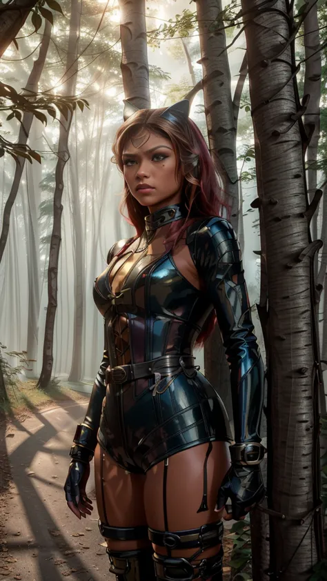 , beautiful ZENDAYA ponygirl, front view, full body, standing, wearing a BLOODRED latex catsuit, high stepping, with a black cor...