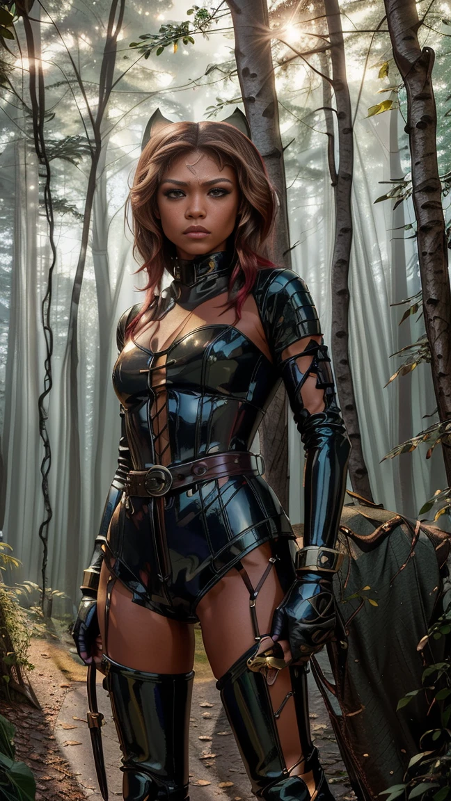 , beautiful ZENDAYA ponygirl, front view, full body, standing, wearing a BLOODRED latex catsuit, high stepping, with a black corset, hoof boots, bitgag, blinkers, and collar, holding hoof gloves. The scene is set in a forest path with lush foliage, during the golden hour. The artwork is medium: digital illustration. The image is of the best quality, with 4K resolution, ultra-detailed, and realistic. The lighting is focused on Zendaya, creating a dramatic and captivating atmosphere. The color palette is rich and vibrant, with warm tones that enhance the magical and enchanting feel of the artwork.
