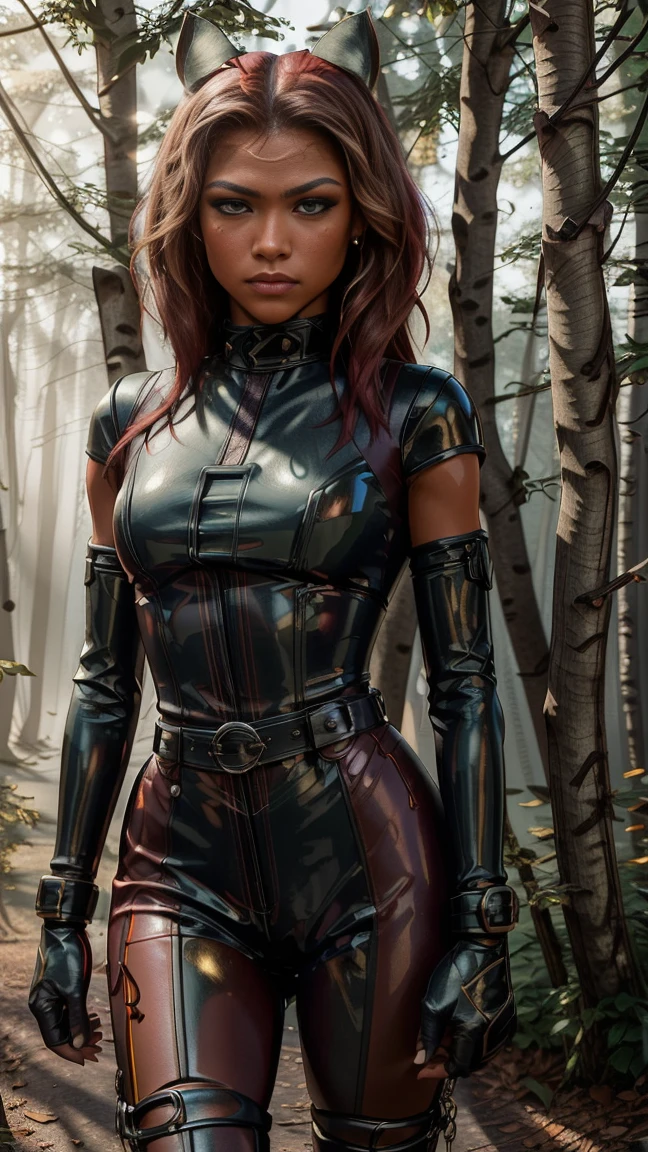 , beautiful ZENDAYA ponygirl, front view, full body, standing, wearing a BLOODRED latex catsuit, high stepping, with a black corset, hoof boots, bitgag, blinkers, and collar, holding hoof gloves. The scene is set in a forest path with lush foliage, during the golden hour. The artwork is medium: digital illustration. The image is of the best quality, with 4K resolution, ultra-detailed, and realistic. The lighting is focused on Zendaya, creating a dramatic and captivating atmosphere. The color palette is rich and vibrant, with warm tones that enhance the magical and enchanting feel of the artwork.
