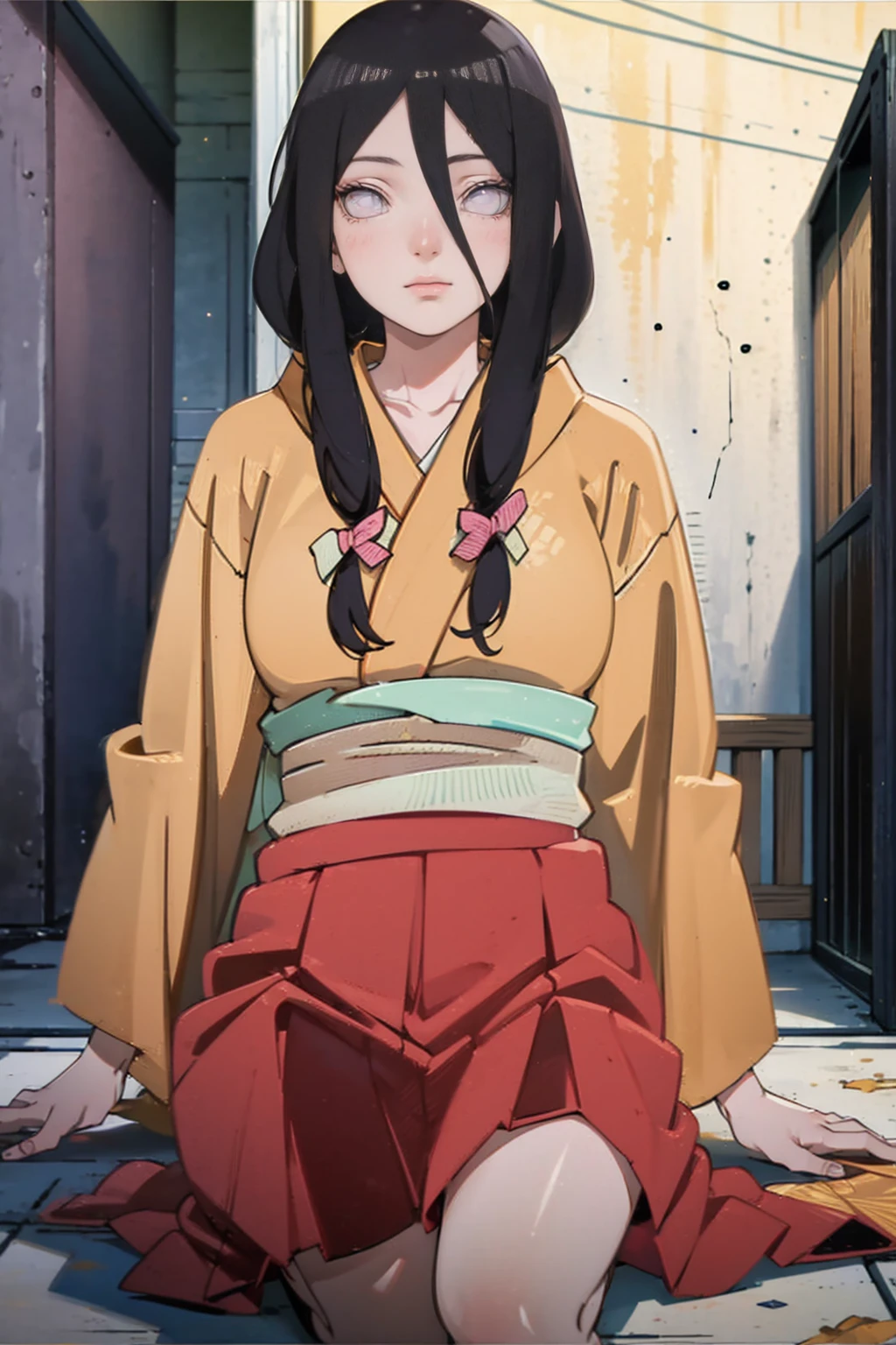 tmasterpiece， hoang lap ， （Complicated details）， （rich colourful）， movie lighting， bust， the Extremely Detailed CG Unity 8K Wallpapers ， Hinata flower ratio， 1girll， solo， orange kimono， Red hakama skirt， obi strip， Wide sleeves， looking at viewert， ventania， Combat posture， Low hair tied long，dinamic poses
