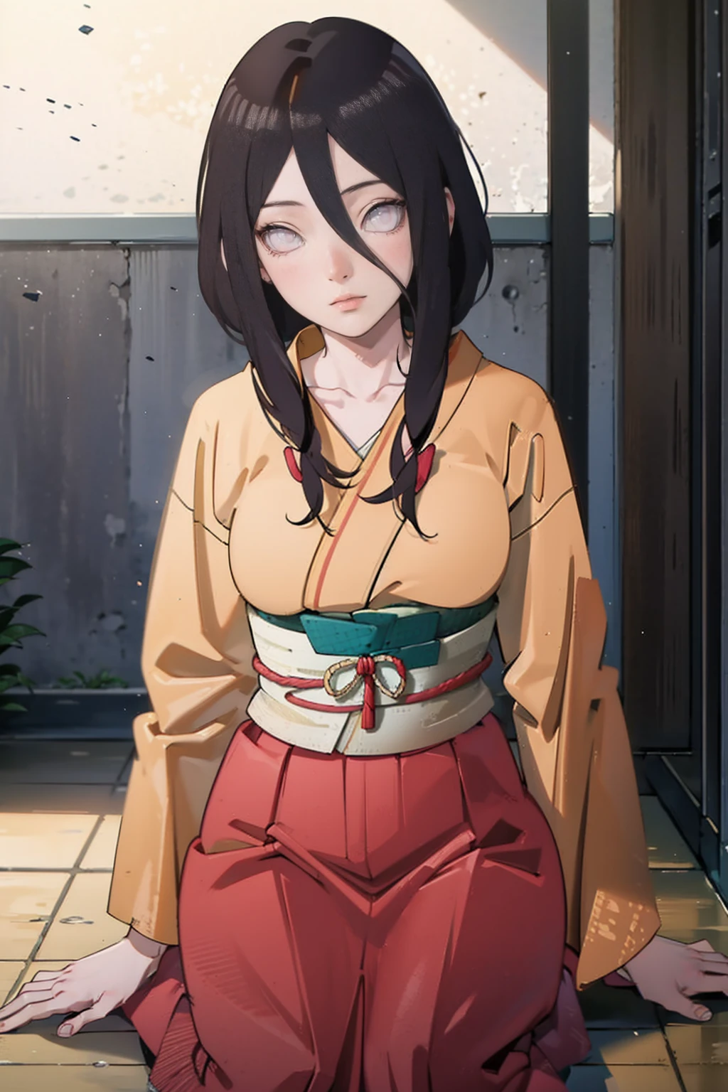 tmasterpiece， hoang lap ， （Complicated details）， （rich colourful）， movie lighting， bust， the Extremely Detailed CG Unity 8K Wallpapers ， Hinata flower ratio， 1girll， solo， orange kimono， Red hakama skirt， obi strip， Wide sleeves， looking at viewert， ventania， Combat posture， Low hair tied long，dinamic poses