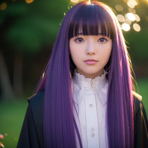 は²ä¸¸,1 girl,alone,purple hair,long hair,purple eyes,dull bangs,side lock,half up hair,bright瞳孔, hair ornaments,ruffled collar,b...