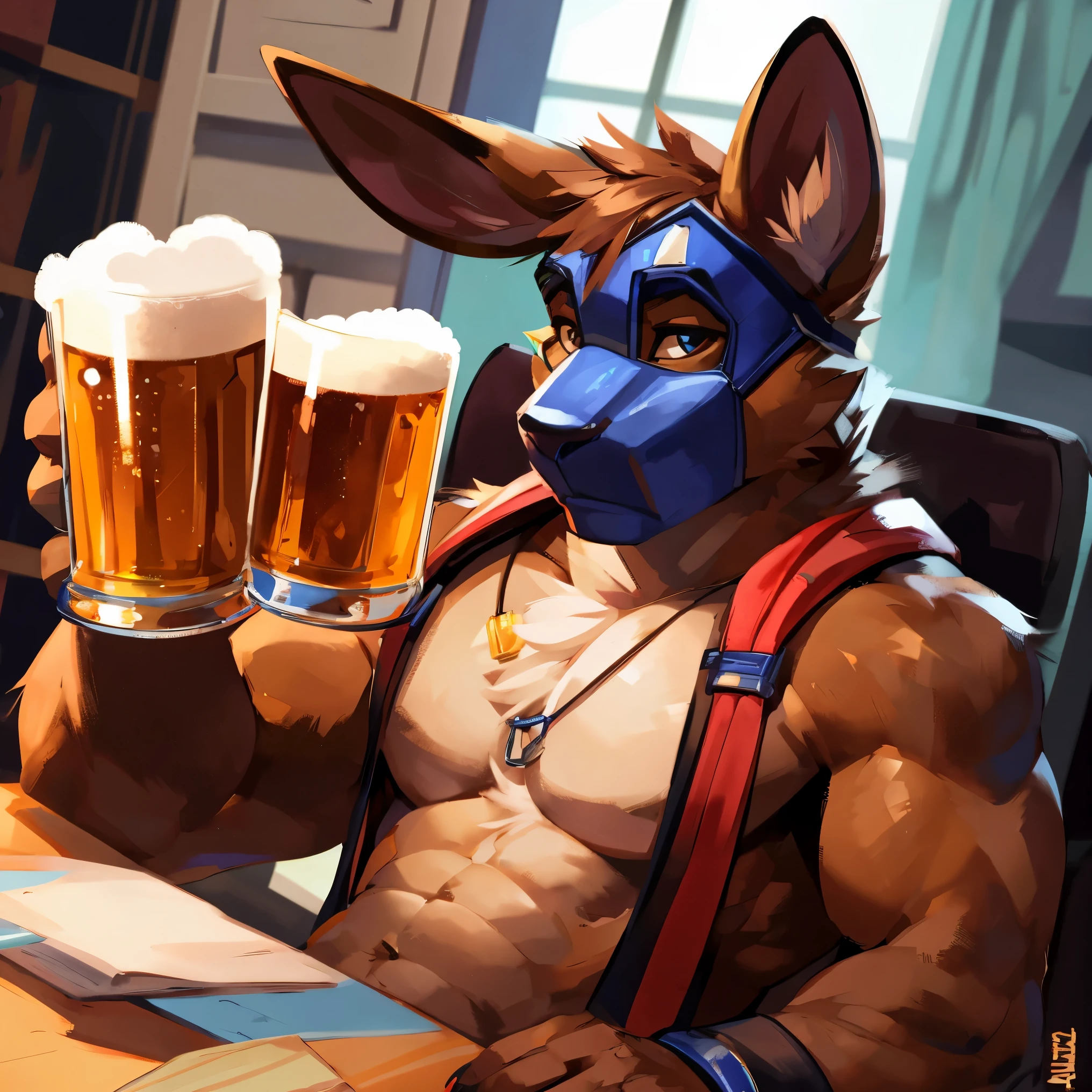 there is a man with a bunny mask on holding a beer, (sfw) safe for work, pov furry art, commission for high res, furry art, furry art!!!, anthro art, fursona furry art commission, sfw version, furry body, fursona art, anthro paw pov art, furry brown body, furry fantasy art, furry chest, By mystikfox61