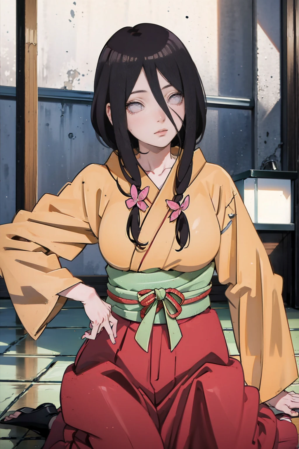 tmasterpiece， hoang lap ， （Complicated details）， （rich colourful）， movie lighting， bust， the Extremely Detailed CG Unity 8K Wallpapers ， Hinata flower ratio， 1girll， solo， orange kimono， Red hakama skirt， obi strip， Wide sleeves， looking at viewert， ventania， Combat posture， Low hair tied long，dinamic poses