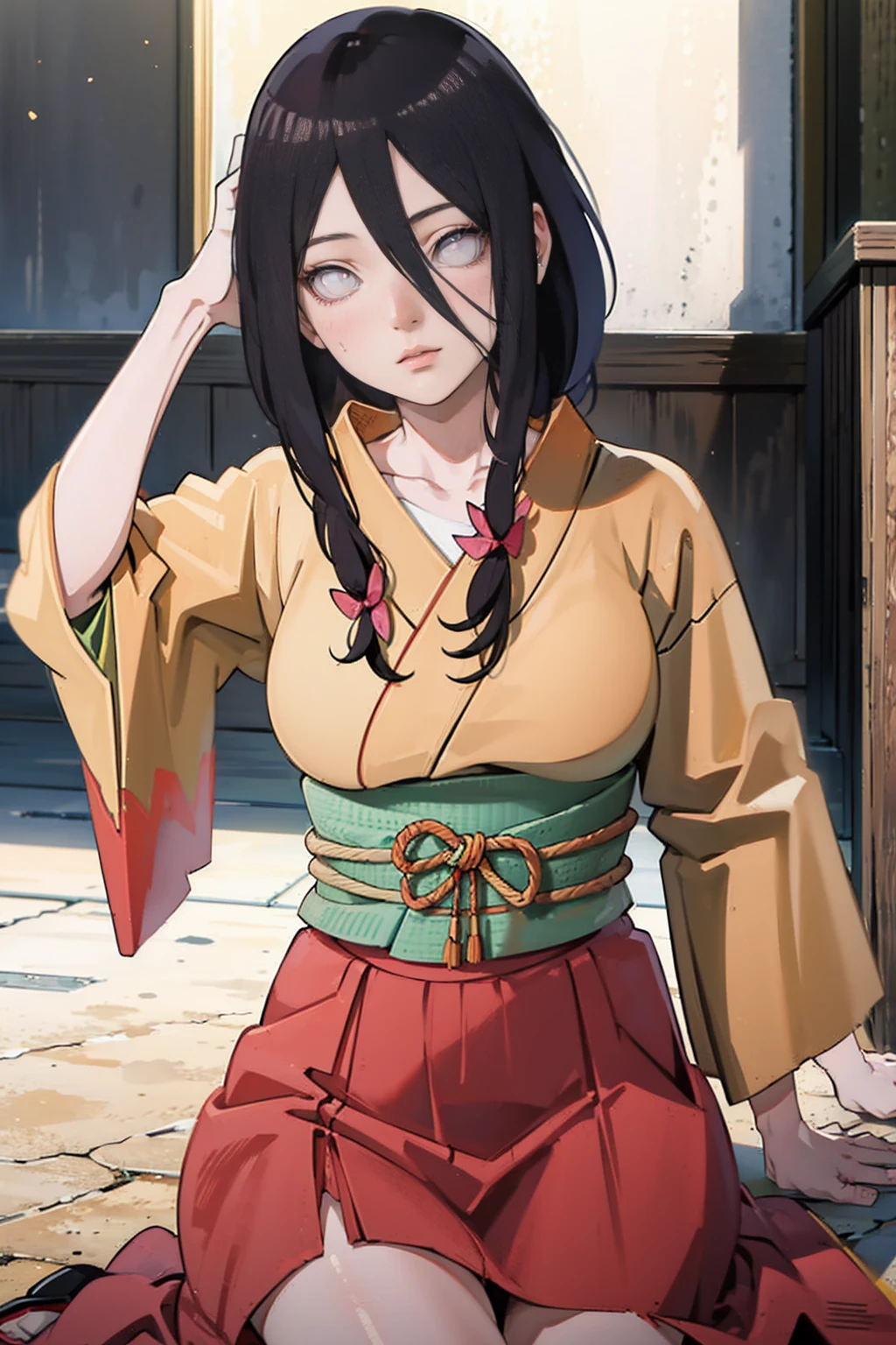 tmasterpiece， hoang lap ， （Complicated details）， （rich colourful）， movie lighting， bust， the Extremely Detailed CG Unity 8K Wallpapers ， Hinata flower ratio， 1girll， solo， orange kimono， Red hakama skirt， obi strip， Wide sleeves， looking at viewert， ventania， Combat posture， Low hair tied long，dinamic poses