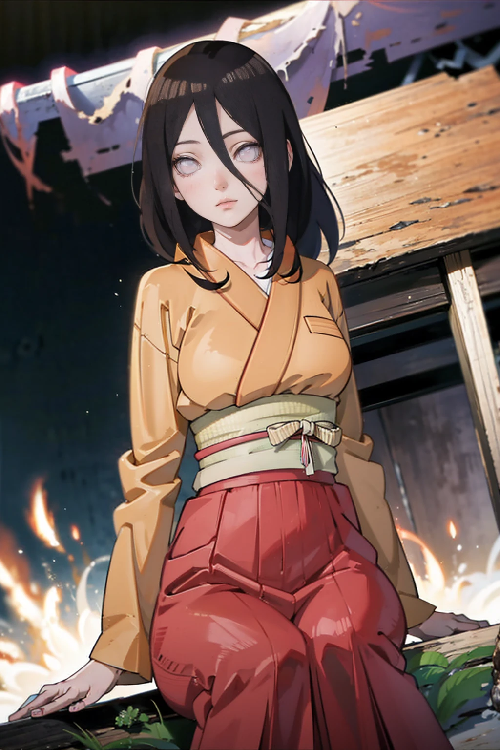 tmasterpiece， hoang lap ， （Complicated details）， （rich colourful）， movie lighting， bust， the Extremely Detailed CG Unity 8K Wallpapers ， Hinata flower ratio， 1girll， solo， orange kimono， Red hakama skirt， obi strip， Wide sleeves， looking at viewert， ventania， Combat posture， Low hair tied long，dinamic poses