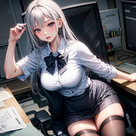 Young waifu with silver hair and beautiful body and wearing office clothes and dressed like a Japanese woman in the office 