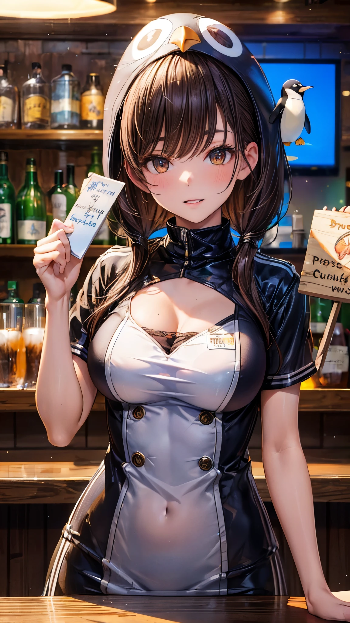 A woman serving customers at the bar counter, she is wearing a penguin costume, inside the bar, ((highest quality)), ((masterpiece)), (be familiar with), perfect face, skirtcowboy shot,holding a sign in front of the chest,sexy woman, medium breasts,, ((upper body)), close up,