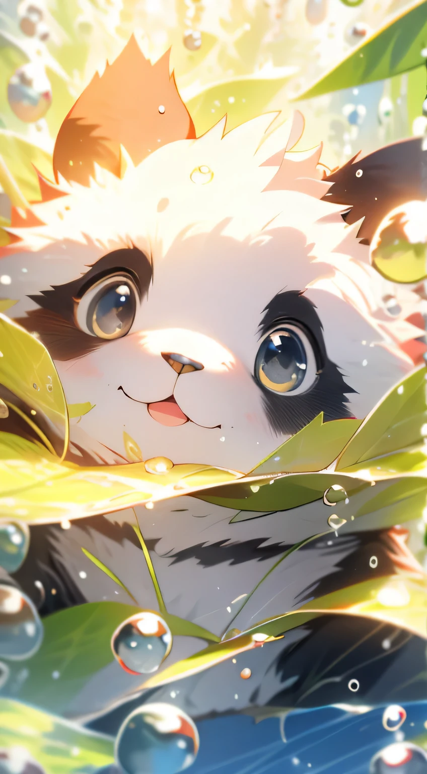 1 Cute puppet cat，closeup of face，portraitures，hairy pubic，leafs，No Man，Under the water，water bubbles，Buble，higher details，Rich in color，adorable smile，best quality，8K，high saturated