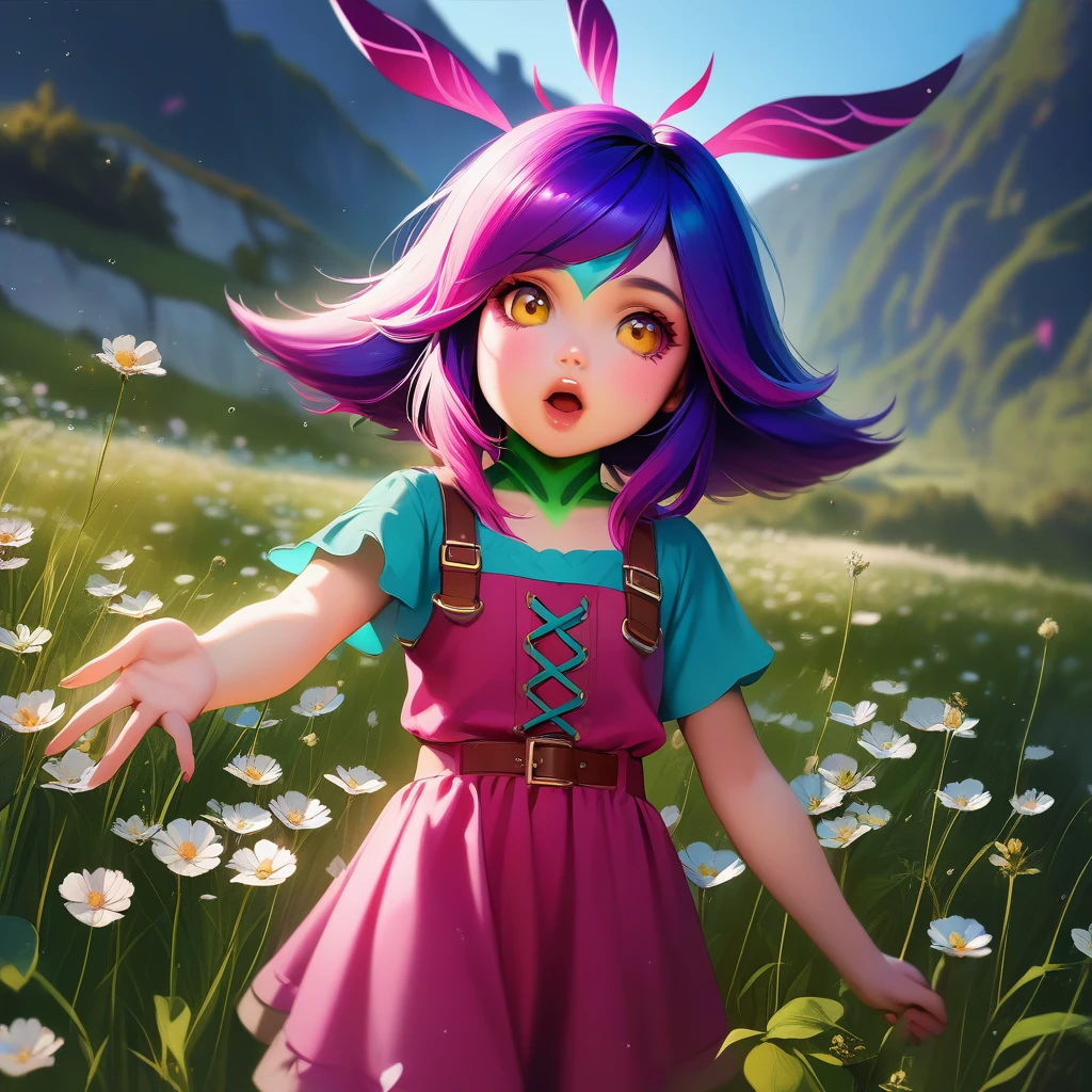 masterpiece, high quality, neeko, realistic, , ((little girl)), 10 years old, childish, ((adorable outfit)), detailed background, background meadow, many flowers