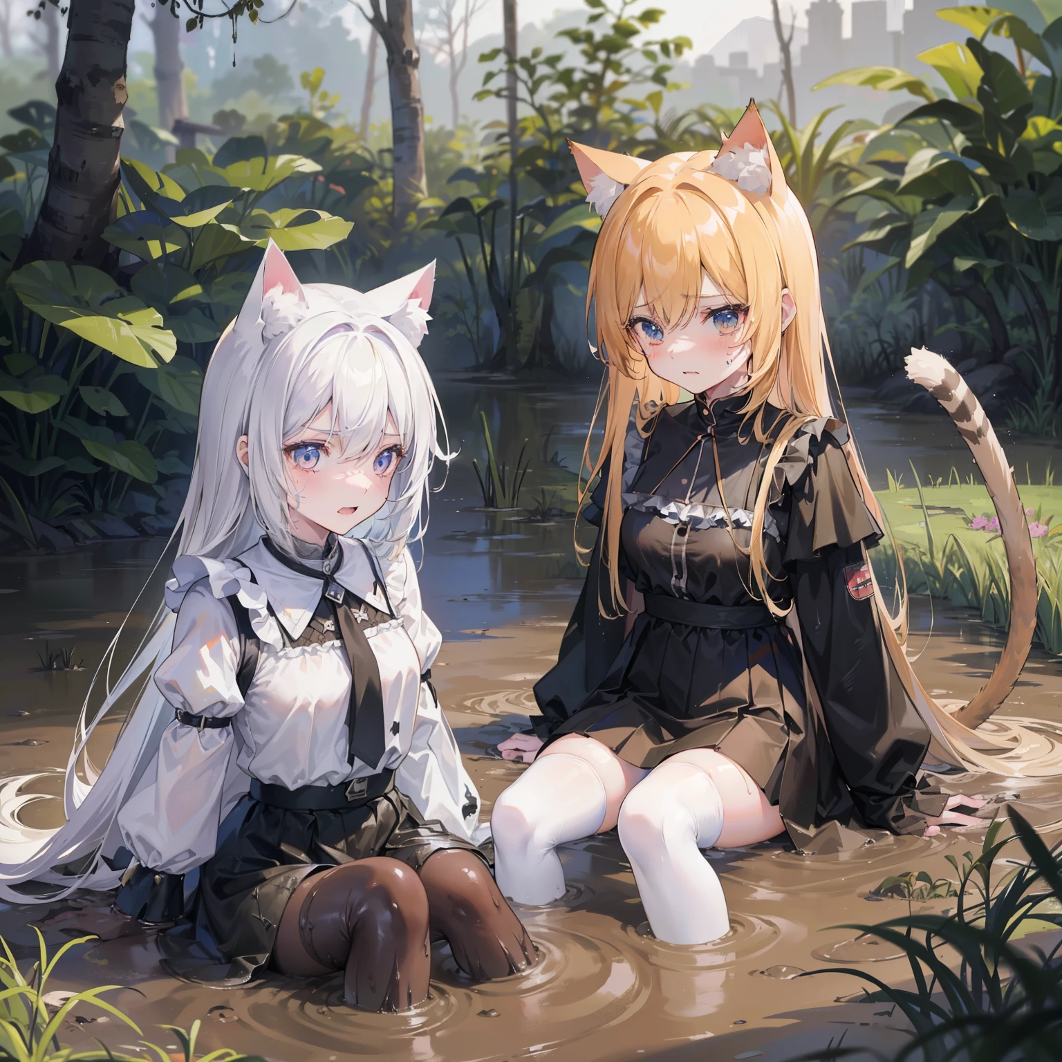 Anime characters sitting in a river with a cat in the background - SeaArt AI