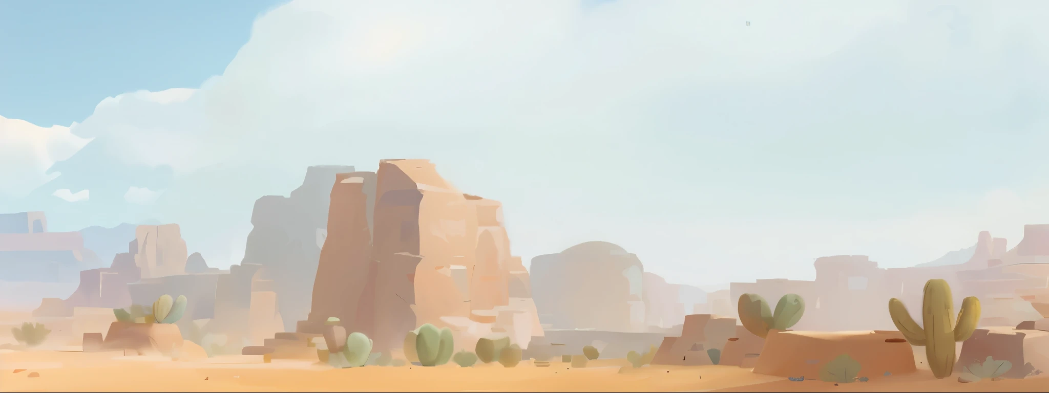 there is a painting of a desert with cactus trees and rocks, style of monument valley, desert environment, background art, desert background, canyon background, background artwork, painted as a game concept art, desert landscape, dusty environment, 2d concept art, desert scenery, scenery game concept art, desert scene, flat desert, indie game concept art, stylized concept art