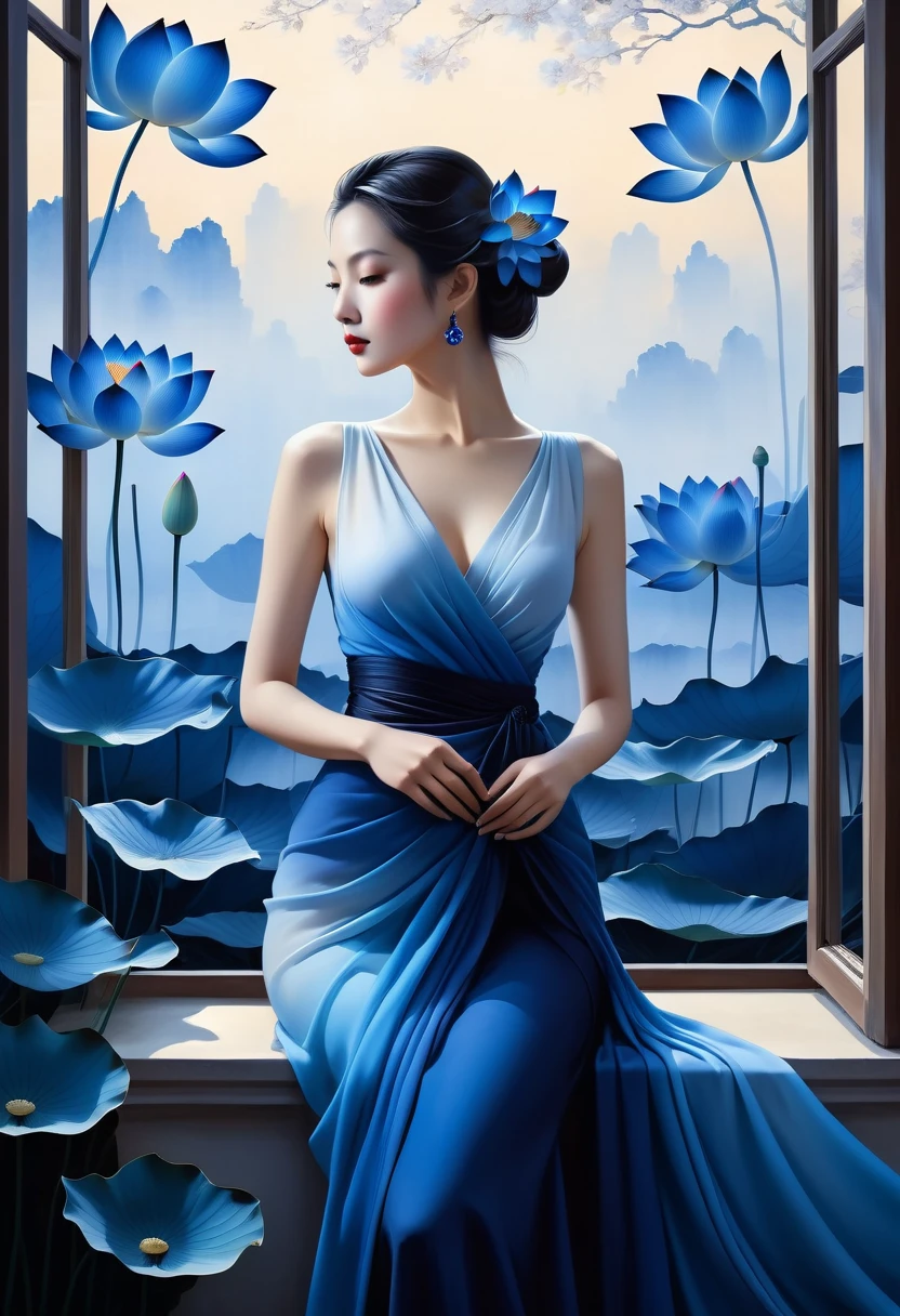  The scenery outside the window，Looking out from the window，An elegant female figure wearing a blue gradient .  She is surrounded by large lotus flowers, creating a surreal ambiance.  Inspired by concept artist Mobius, The color has a strong contrast between light gray and dark navy blue, Create a sense of mystery.