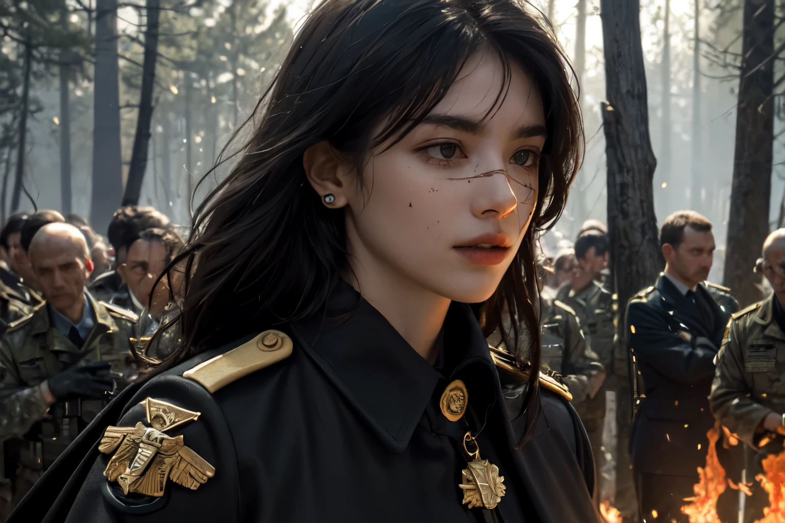 realistic, masterpiece, best quality, close-up, lips , upper body , no makeup, mature female, cowboy shot, black hair, military uniform, black military jacket , black cape , , badge, military jacket , , valor , golden badge , military badge, depth of field, long hair, mole under eye, , earrings, gloves, crowded place , crowd, evening, branch, dead tree, fireflies, sparkle, fire_sparkle , fire  , scar_on_eye , military badge , medals , blood , bleeding , on fire forest , burning trees , military valor , burning background , crowded place , , big fire ,  german  military , battlefield , 