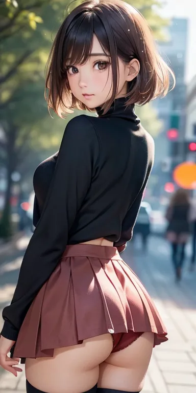 one girl、blush、embarrassed look、perfect anatomy、short bob、small breasts、(((turtleneck、skirt、black knee socks)))、((hair tousled b...